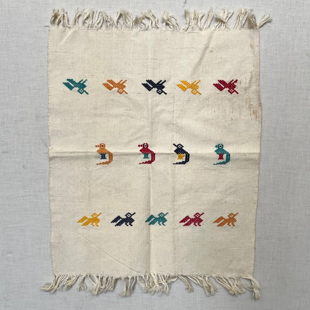 Handwoven Mexican Zapotec Oaxaco Embroidered Bird Motif‎ Vintage Towel 14x17